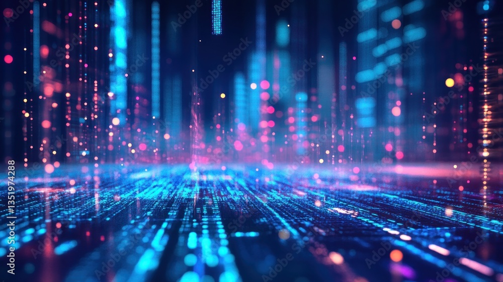 Vibrant digital landscape with glowing particles and data streams Vibrant digital landscape with glowing particles and data streams