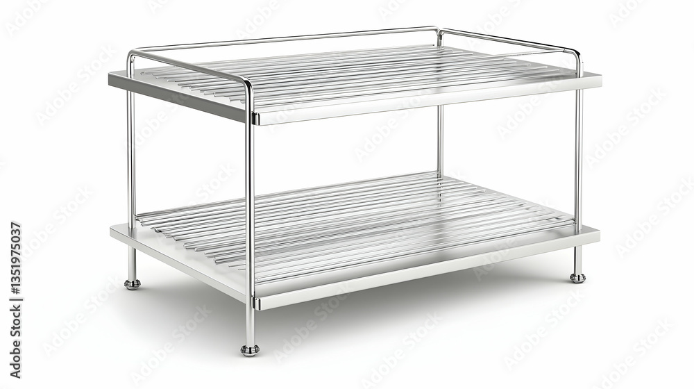 Two-tiered stainless steel kitchen rack on white background; ideal for organizing pantry or counter Two-tiered stainless steel kitchen rack on white background; ideal for organizing pantry or counter