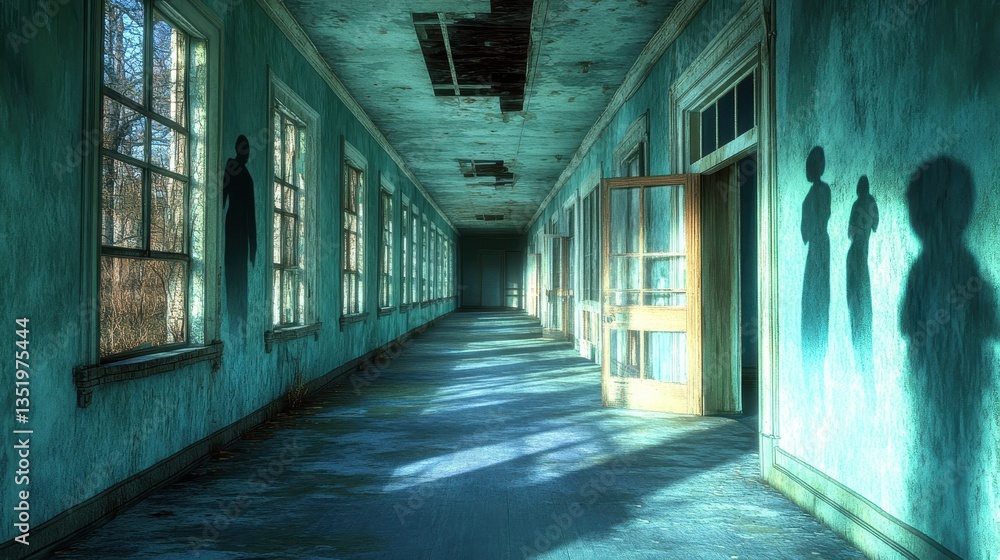 Long abandoned corridor with shadows and many windows along its sides Long abandoned corridor with shadows and many windows along its sides