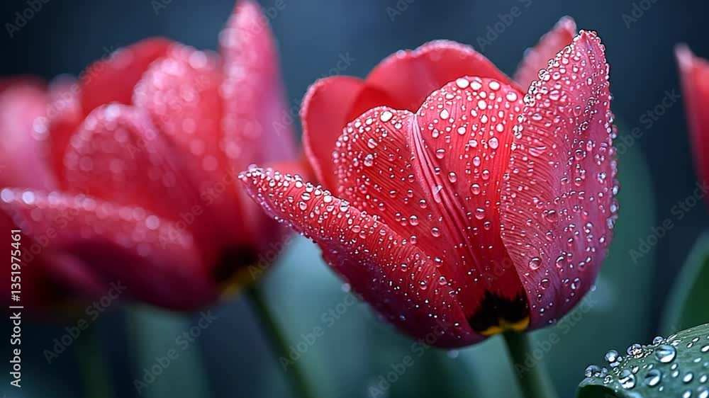 Close-up of red tulips with water droplets. Spring flowers in a garden. Possible use Nature photography Close-up of red tulips with water droplets. Spring flowers in a garden. Possible use Nature photography