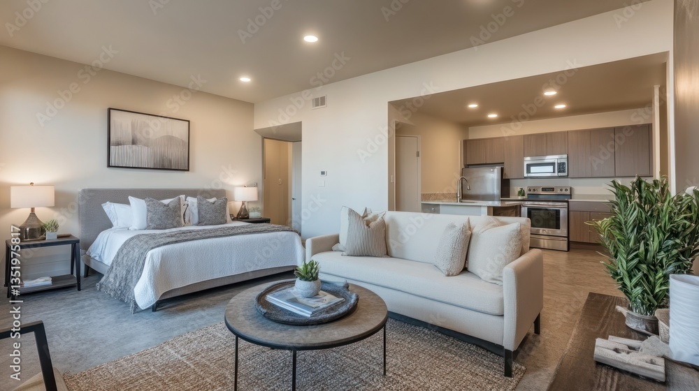 Modern Studio Apartment Interior. Open-concept living space with a comfortable bed and couch, a small kitchen, and a minimalist aesthetic Modern Studio Apartment Interior. Open-concept living space with a comfortable bed and couch, a small kitchen, and a minimalist aesthetic