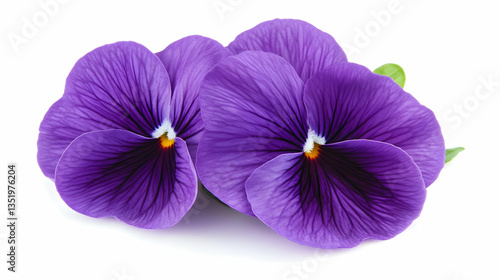 Vibrant purple pansies, closeup, isolated on white background, perfect for spring greeting cards or floral design