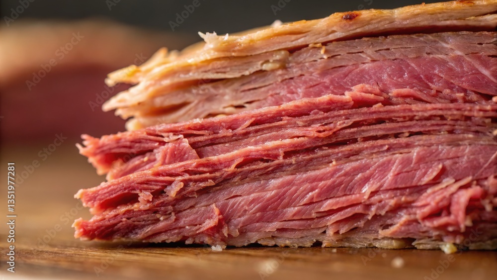 Corned beef and cabbage concept. Sliced beef showcasing rich texture and color on a wooden surface. Corned beef and cabbage concept. Sliced beef showcasing rich texture and color on a wooden surface.