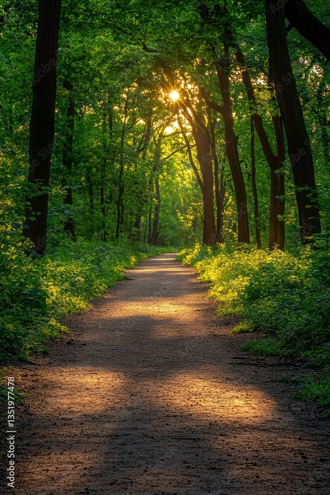 Obraz premium Sunlit Path Through a Lush Green Forest