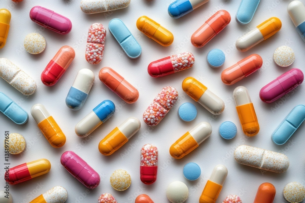 Colorful Pills and Capsules Arranged on a Clean White Background Flat Lay Colorful Pills and Capsules Arranged on a Clean White Background Flat Lay