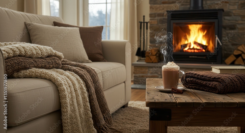 Fototapeta premium Cozy Living Room with Fireplace, Sofa, and Hot Chocolate