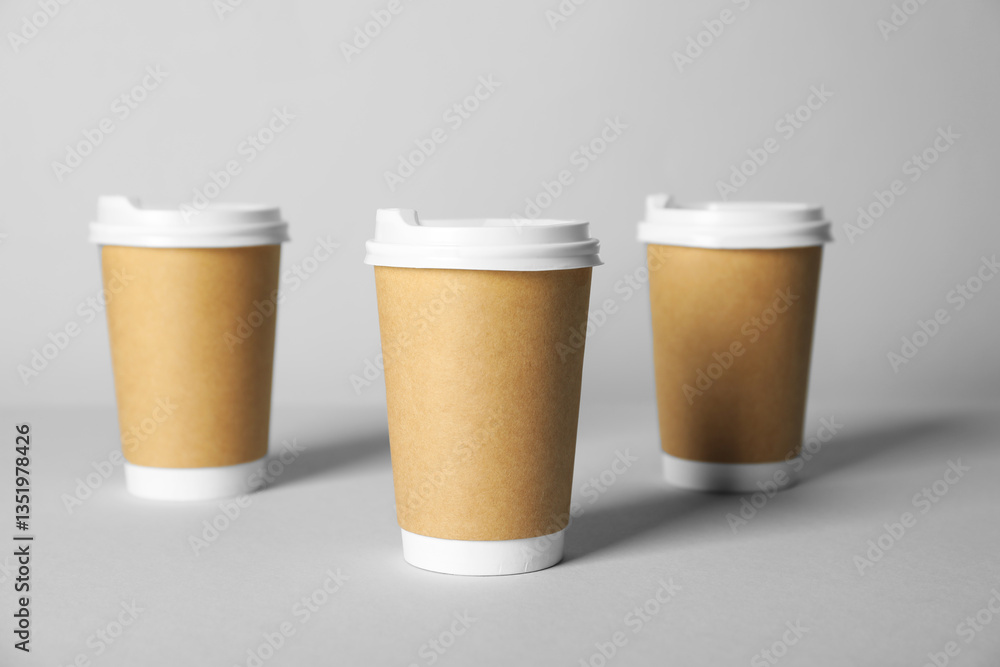 Paper cups with lids on grey background. Mockup for design Paper cups with lids on grey background. Mockup for design