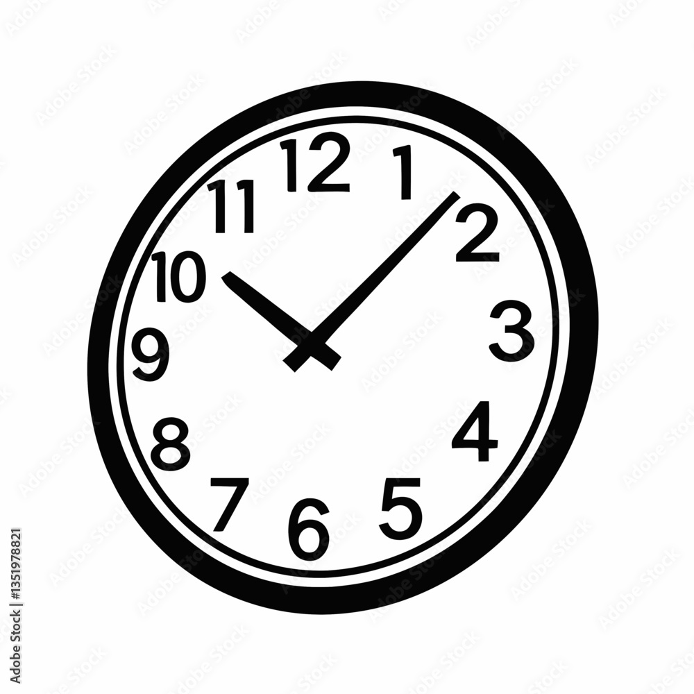 A vector illustration of a black wall clock with numbers, hands, and a circular dial representing time, minutes, seconds, and hours, designed as a symbol for business or office settings A vector illustration of a black wall clock with numbers, hands, and a circular dial representing time, minutes, seconds, and hours, designed as a symbol for business or office settings