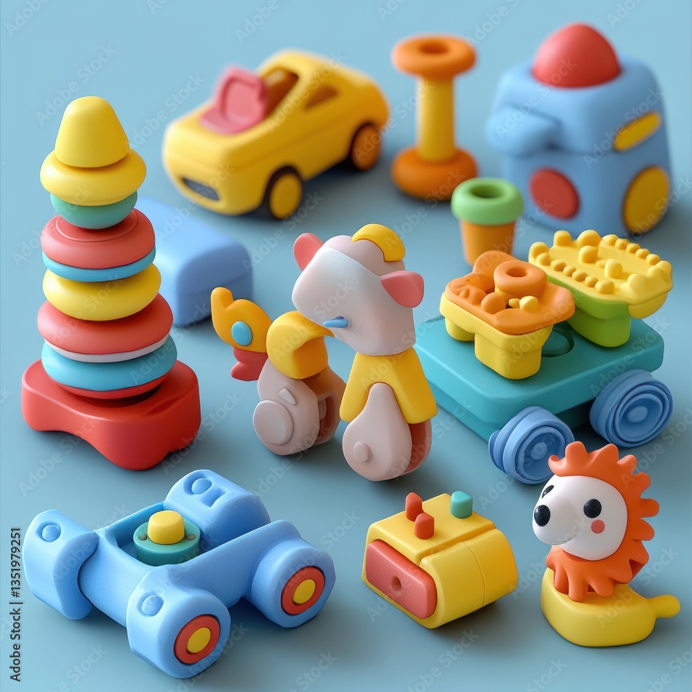 Naklejka premium Colorful Plastic Toys for Children Educational Collection Isometric 3D Rendered Play Icons