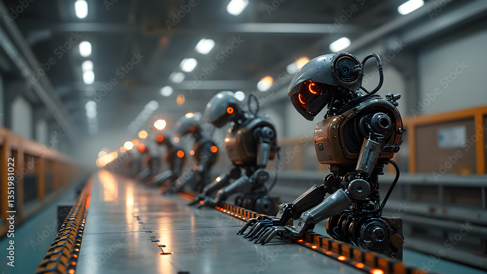 robot assembly line in motion. long exposure photography techniques. ultrarealistic colorful illustration. industrial automation art.