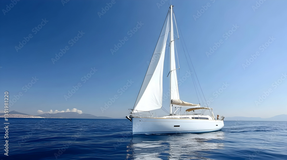 Fototapeta premium White sailboat sailing on calm ocean, clear blue sky, distant islands, summer vacation travel