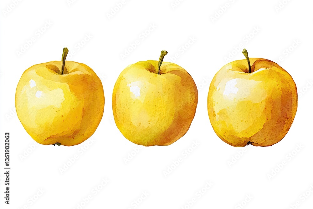 Three vibrant yellow apples, hand-painted in watercolor style, arranged horizontally on a white background. Detailed depiction of the fruit's skin texture and stem Three vibrant yellow apples, hand-painted in watercolor style, arranged horizontally on a white background. Detailed depiction of the fruit's skin texture and stem