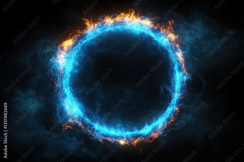 Fototapeta premium Blue Fiery Glowing Ring in Dark Space Hyper-Realistic Digital Art Surreal Neon Light