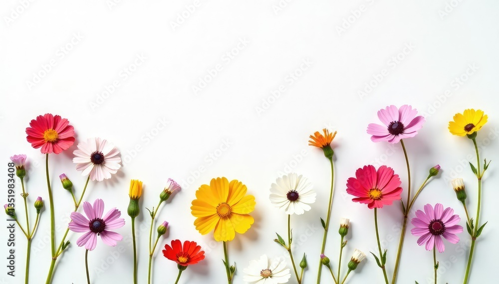 Delicate, scattered wildflowers on white background, retro, meadow, white Delicate, scattered wildflowers on white background, retro, meadow, white