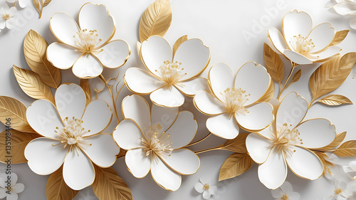 Traditional a fashion inspired soft floral artwork with luxurious white blossoms and gold embellishments is on the background.