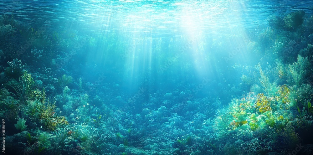 Naklejka premium The Deep Blue Ocean Scene With Sunbeams Shining Downwards