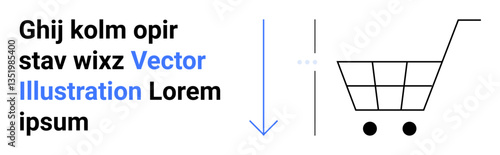 Shopping cart with wheels and downward arrow for direction. Ideal for e-commerce, online shopping, marketing, retail, business, technology, simple landing page