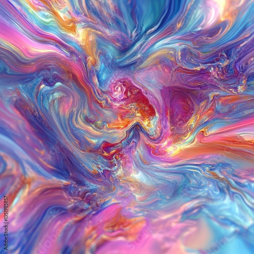 An abstract art piece depicts colorful swirling liquid patterns