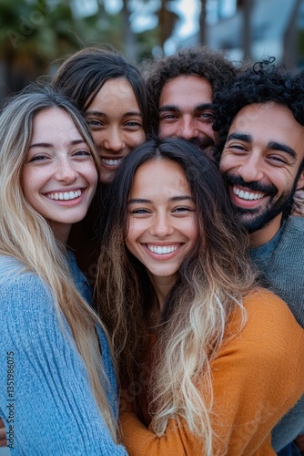Joyful young adult friends embracing and laughing together in a vibrant urban park setting celebrating friendship and community