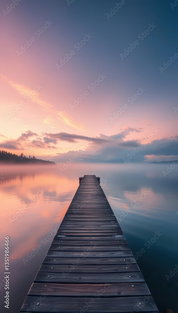Naklejka premium Misty dawn, serene pier extending over tranquil blue lake, dock, wood, peaceful