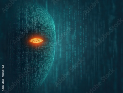 Futuristic digital face with an orange eye and binary code background.
