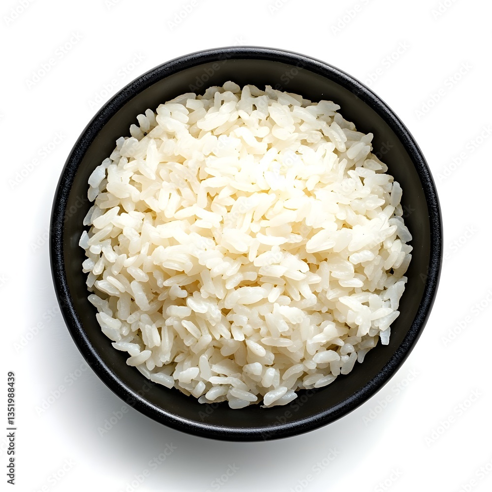 Freshly cooked rice in a simple black bowl Freshly cooked rice in a simple black bowl