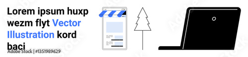 Tablet alongside storefront design and tree icon suggesting online business, sustainability, and e-commerce. Ideal for technology, environment, online shopping, business marketing, modern design