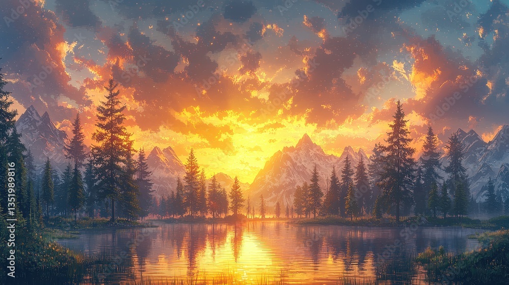 A pixel art masterpiece, where evergreen trees, their branches reaching towards a sky painted with gentle golden clouds, stood majestically against a backdrop of layered mountain peaks reflecting A pixel art masterpiece, where evergreen trees, their branches reaching towards a sky painted with gentle golden clouds, stood majestically against a backdrop of layered mountain peaks reflecting