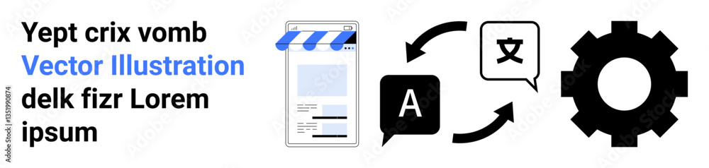 Shopping page, translation symbols, and gear icon highlight global communication, content localization, and automation. Ideal for e-commerce, language tools, app design, tech globalization Shopping page, translation symbols, and gear icon highlight global communication, content localization, and automation. Ideal for e-commerce, language tools, app design, tech globalization