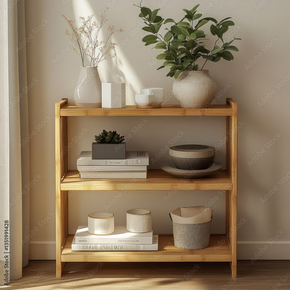 Simple, light-toned wooden side table with three shelves, showcasing decorative items, plants, and books. Natural, modern, and minimalist design. Versatile for any room