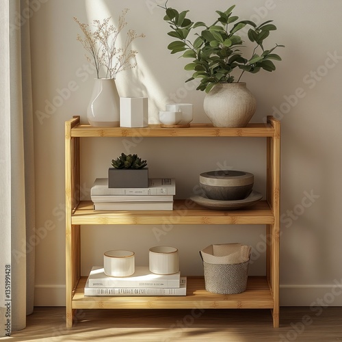 Obraz na płótnie Simple, light-toned wooden side table with three shelves, showcasing decorative items, plants, and books. Natural, modern, and minimalist design. Versatile for any room w salonie