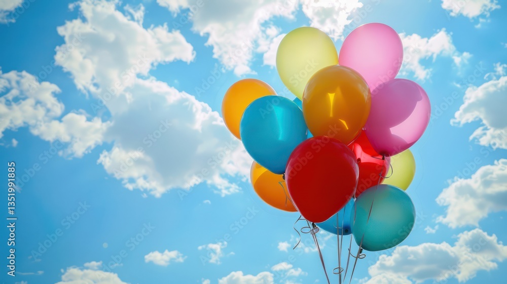 A bunch of balloons floating outdoors with fluffy white clouds in the background, perfect for celebratory messages. A bunch of balloons floating outdoors with fluffy white clouds in the background, perfect for celebratory messages.
