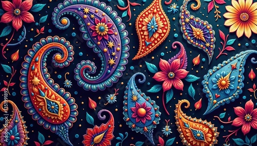 Intricate paisley pattern in rich jewel tones , fabric, vector, pattern