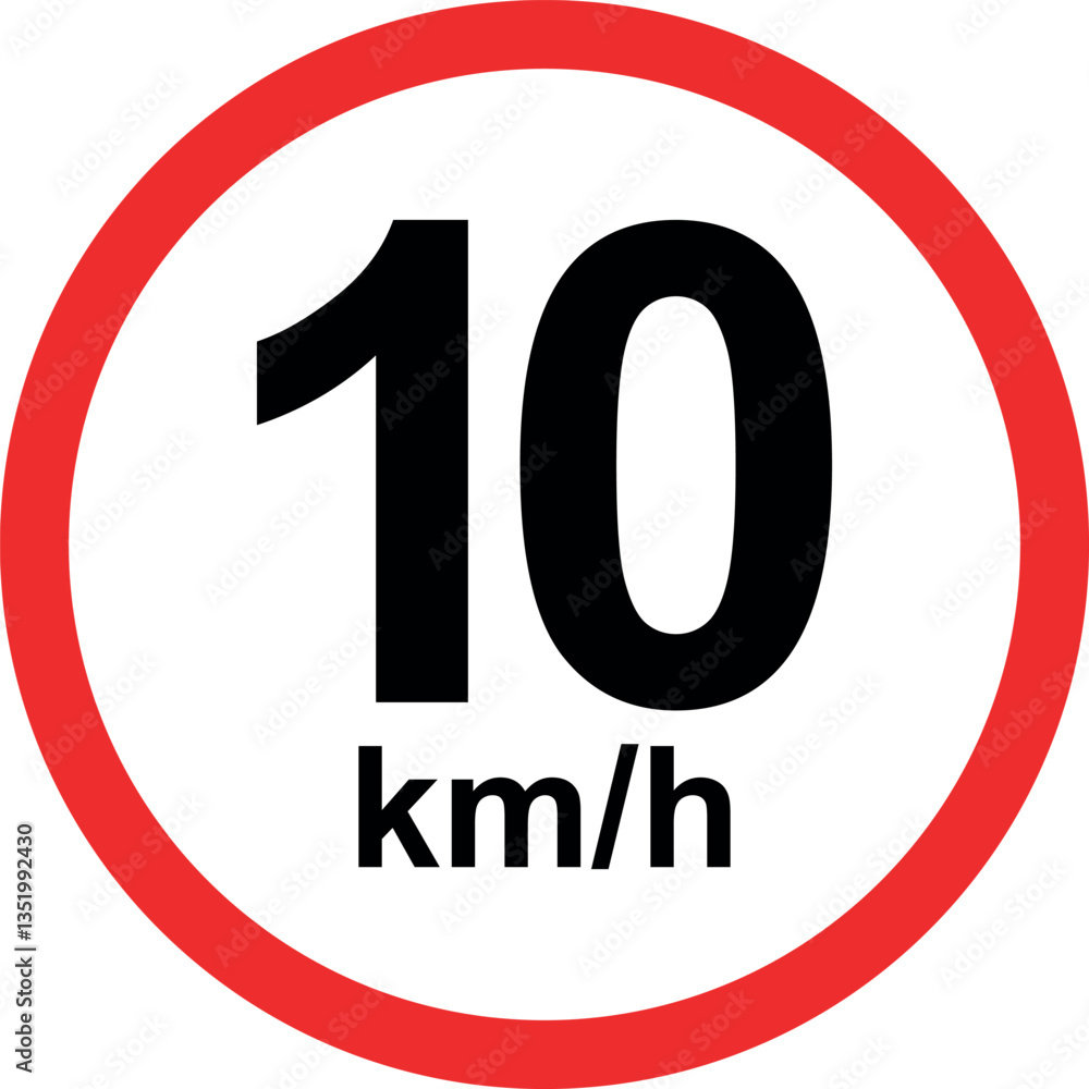 Speed limit traffic sign showing 10 km/h restriction in red circle isolated on white background Speed limit traffic sign showing 10 km/h restriction in red circle isolated on white background