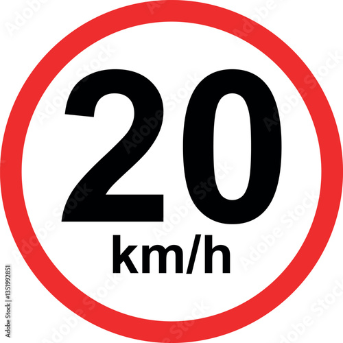 Speed limit traffic sign showing 20 km/h restriction in red circle isolated on white background