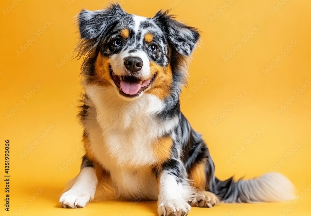 Fototapeta premium Happy Australian Shepherd Sitting on Yellow Background Smiling with Its Tongue Out