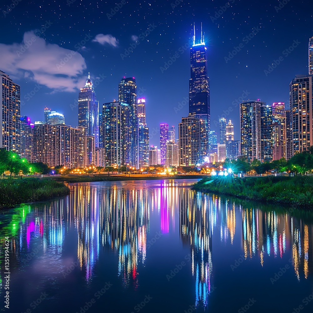 Fototapeta premium Golden hour skyline sunset glow mirrored on waterfront image