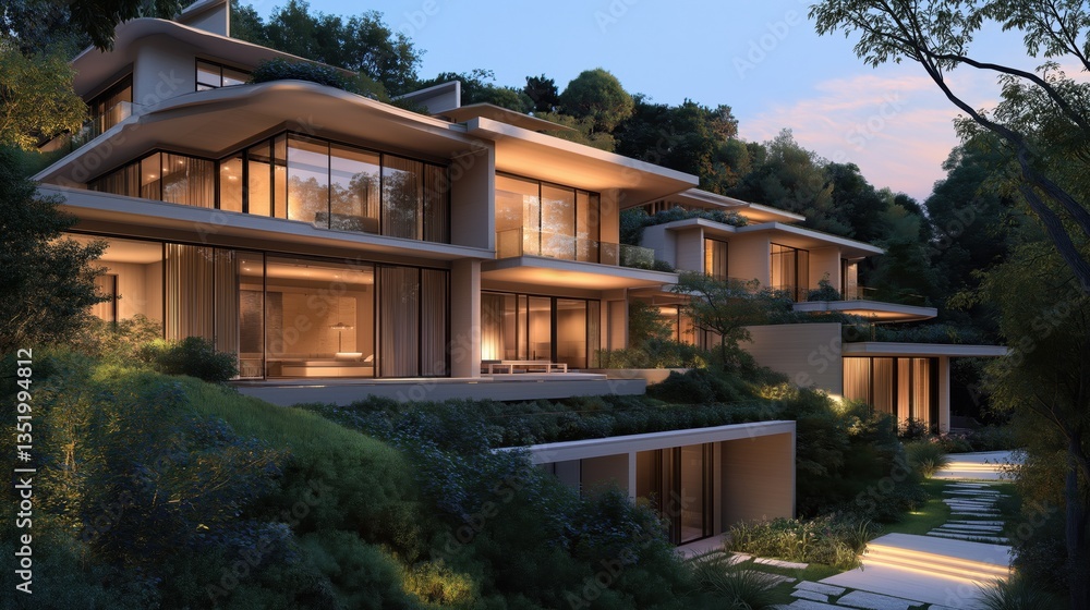 Fototapeta premium A terraced hillside landscape with a modern, light beige tan multi-story house