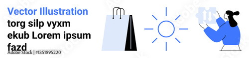 Wallpaper Mural Shopping bag, sunburst, and a woman holding test tubes representing sustainability, eco-friendly lifestyle, renewable energy, research, innovation, minimalism and environmental care. Ideal Torontodigital.ca