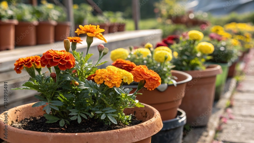 Fototapeta premium Colorful flowers in pots arranged in a garden setting with vibrant blooms and greenery