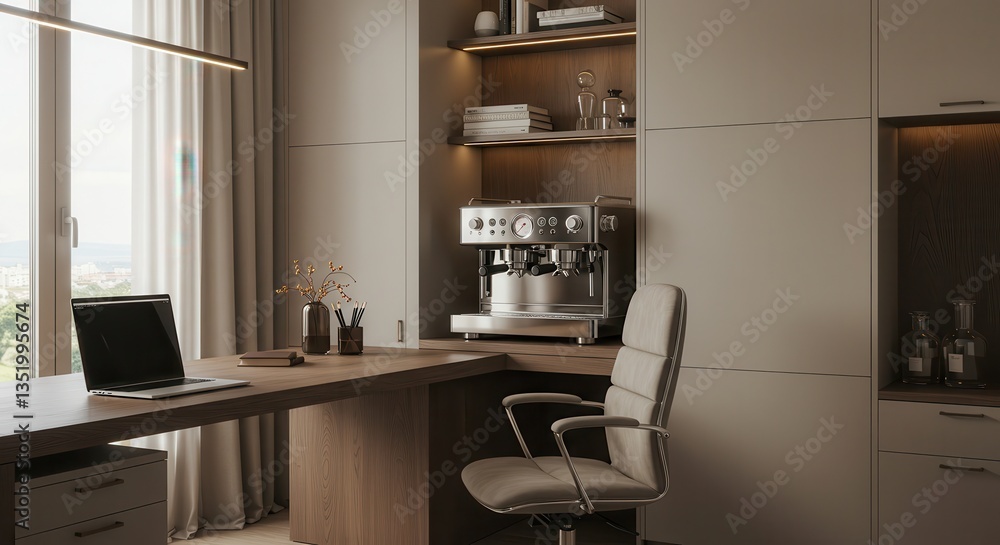 Home Office with Espresso Machine Modern Desk and Rolling Chair Home Office with Espresso Machine Modern Desk and Rolling Chair