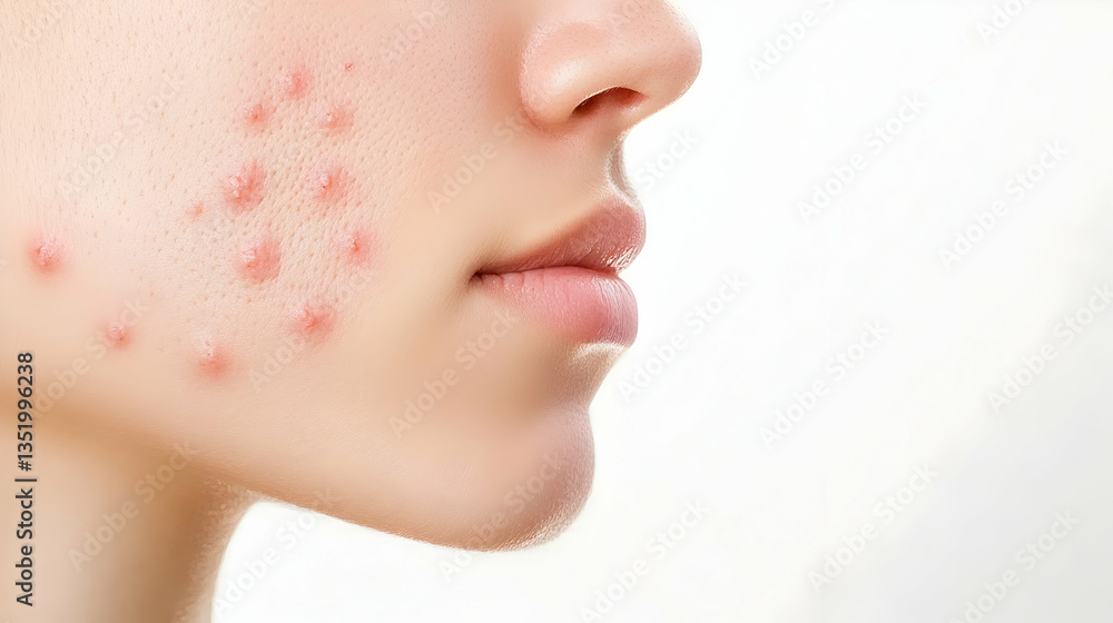Obraz premium Woman's face with acne, close-up profile, white background, skincare treatment