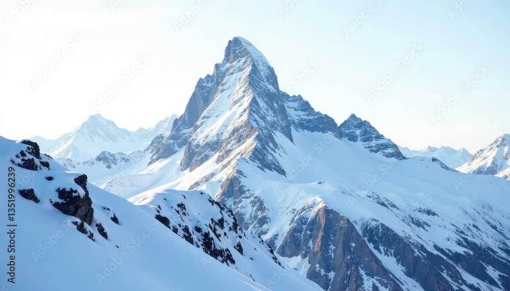 Obraz premium Snow-covered mountain peak against bright white sky, scenery, alpine, crisp