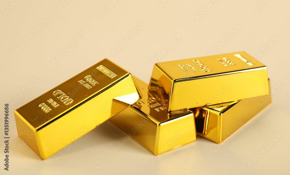 Shiny gold bars on beige background, closeup Shiny gold bars on beige background, closeup