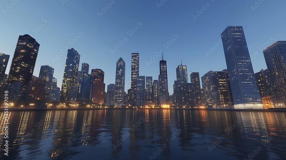 Peaceful waterfront sunset glow reflecting urban skyline beauty image Peaceful waterfront sunset glow reflecting urban skyline beauty image