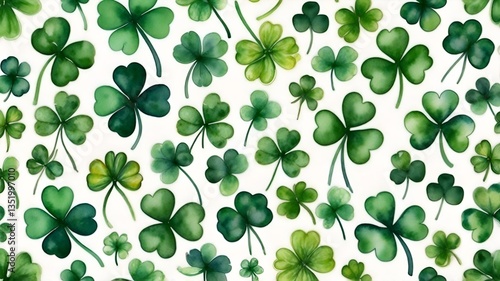 Seamless watercolor pattern featuring green clover leaves on a white background, ideal for saint patrick's day celebrations