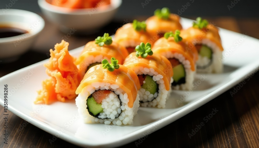 Various sushi rolls on white plate, wasabi, ginger, soy sauce, delicious food, food blogger Various sushi rolls on white plate, wasabi, ginger, soy sauce, delicious food, food blogger