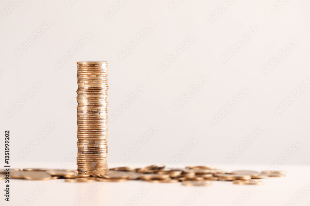 Shiny coins on white table against light background, closeup. Space for text Shiny coins on white table against light background, closeup. Space for text
