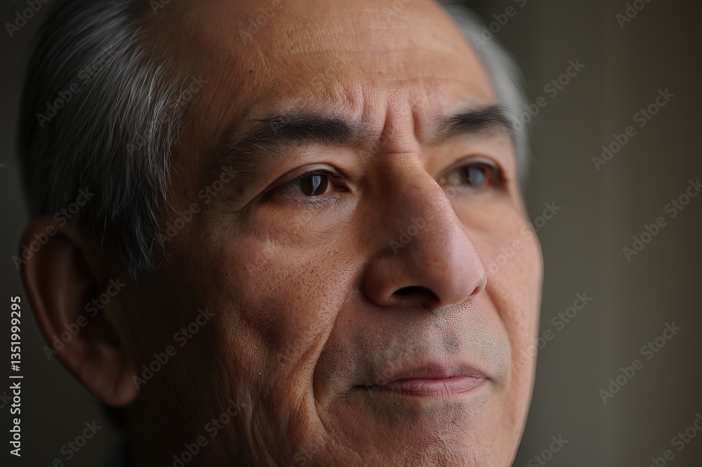 Fototapeta premium Close-up of an older man looking thoughtfully towards the window on a cloudy day in an urban setting