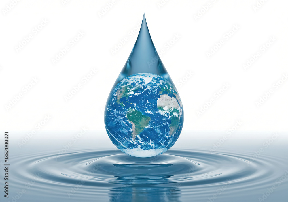 Obraz premium World water day. A drop of planet earth about to make contact with the undulating water surface.